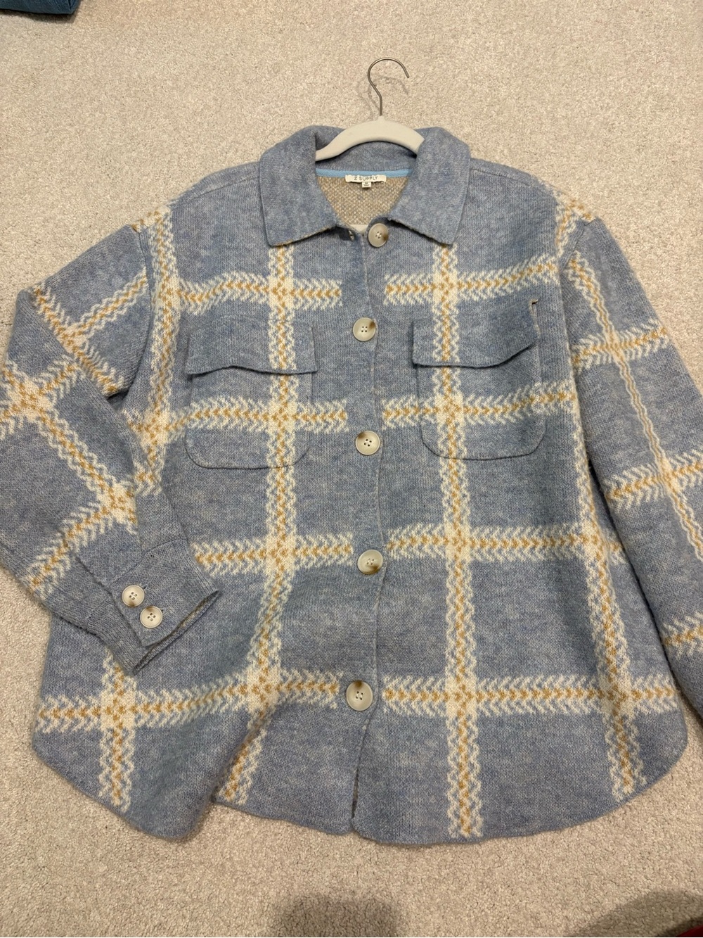 Zsupply Plaid sweater Shacket Jacket in Light Blue and Cream